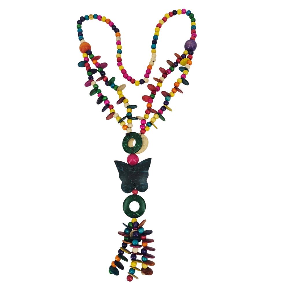 Vintage Coconut Shell Beaded Statement Necklace Boho Bohemian Hippie Colorful